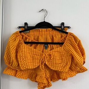 Target Yellow Orange Puff Sleeve Crop Blouse + Pant SET
